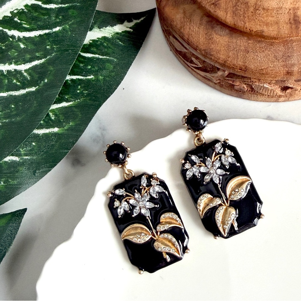 Vintage Style Black Enamel Floral Earrings Rhinestone Floral Ornate Art Deco NEW